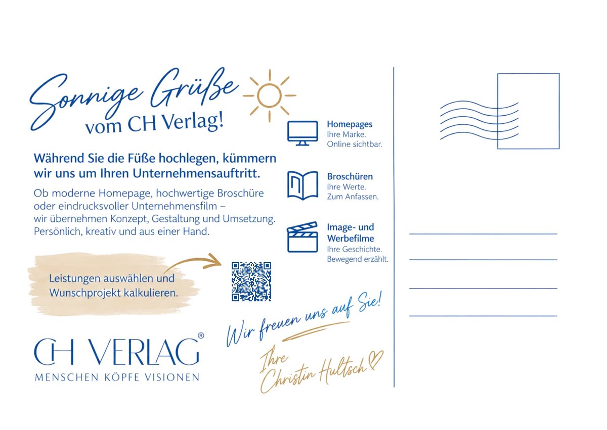 Rückseite Ihrer Postkarte mit den drei Leistungen und dem QR-Code.