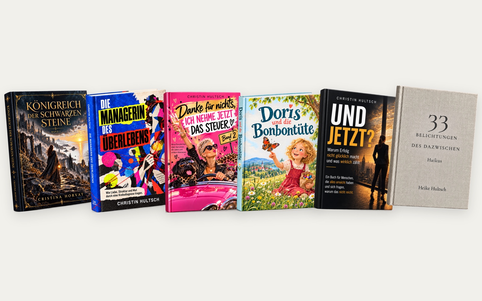 Die fünf neuen Bücher des CH Verlags nebeneinander.