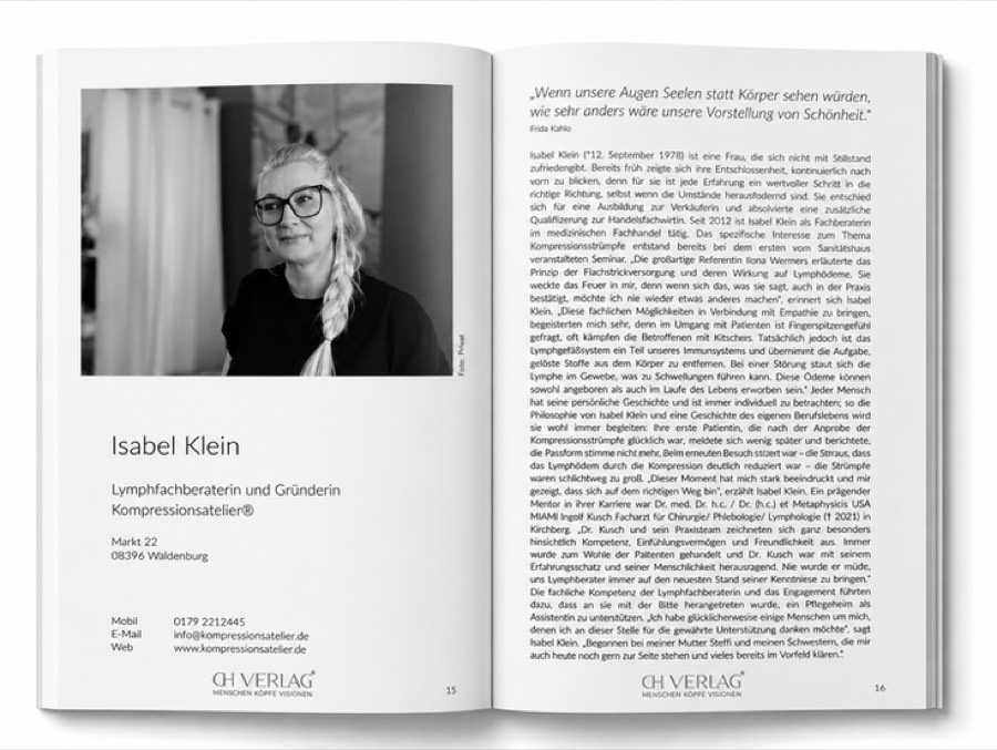 Porträtdoppelseite: Isabel Klein, Lymphfachberaterin aus Waldenburg.